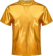 [YiZYiF] Kids Boys Girls Shiny Metallic T-Shirts Short Sleeve Modern Jazz Hip Hop Dance Party Performance Tops