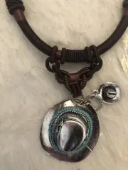 Western Necklace Cowboy Hat Pendant Teal Silver Brown One-Of-A -Kind