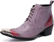 [Generic] Genuine Leather Work Boot for Men Ankle Brogue Boot Carving Wingtip Metal Pointed Toe Lace Up Block Heel High Heel