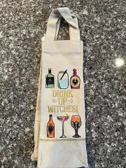 Celebrate Halloween Together Drink Up Witches Wine Bag Beige Orange Spider Web