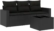 vidaXL Black Outdoor Modular Patio Sofa Set - 4 Piece Poly Rattan Garden Lounge with Cushions and Glass Tabletop