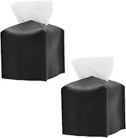 Square Leather Tissue Box with Bottom Strap PU Leather Modern Tissue Holder adorns Bathroom Vanity, car, nightstand, Office, Kitchen (Black)