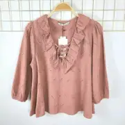 Zara Womens Top XS Rose Pink Eyelet Front Tie Cotton Peasant Blouse- New