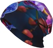 [QMNKLET] Beanie Hats for Men Women Soft Knit Cuffed Beanie Colorful Orchids Flower Skull Cap Headwear Ski Hat, Black, One Size