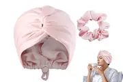 Silk Sleeping Cap with Hair Band Adjustable Double Layer Hair Bonnet for Women-Pink