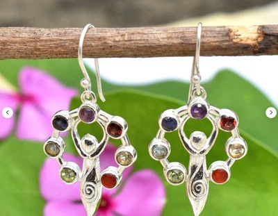 Beautiful 7 Stone Chakra Solid 925 Sterling Silver Designer Women Earring Gifts