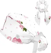 [FVQL] 2 Pack Bouffant Scrub Caps Women, Ponytail Scrub Cap with Hair Scrunchies, Tropical Flamingo Bird and Flower
