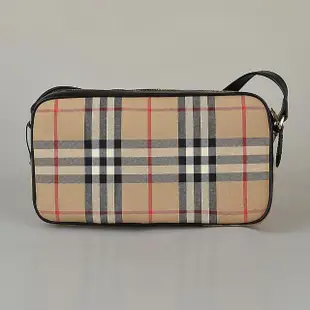 【BURBERRY 巴寶莉】BURBERRY VINTAGE格紋帆布拉鍊斜背相機包(米x黑)