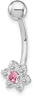 [JewelryWeb] White Gold Polished Screw back With CZ Simulated Diamond Flower Pink Cntr Belly Ring Dangle 20x7mm Wide