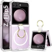 [GUAGUA] Magnetic for Samsung Galaxy Z Flip 5 Case with Ring, [Compatible with MagSafe], Luxury Clear Transparent Phone Case, 4 Corners Heavy Duty Shockproof Case for Galaxy Z Flip 5, Clear