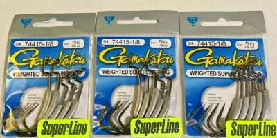 3 PACKS Gamakatsu Superline EWG Weighted Hooks 74415-1/8 5/0 15 Rigs Total