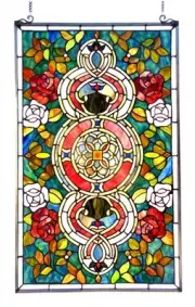 Stained Glass Window Panel Floral Medallion Suncatcher 20 X 32 Art Glass