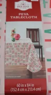 Holiday Time PEVA Tablecloth 60” X 84" Diameter Pink FaLaLa Christmas