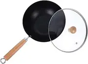 GRADENEVE Small Uncoated Iron Wok with Lid Versatile Deep Frying Pan for Stir Frying Steaming Cooking Kitchen Gadget with Comfortable Wooden Handle Suitable for Induction Stoves