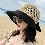 [Ling88] Summer Hats for Women Knitted Breathable Foldable Sun Hat with Bow Sun Protection Sunshade Korean Beach Hat Cap Travel Big Brim Hat-1