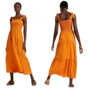 Resort River Island Women's Shirred Midi Sundress Sleeveless Orange Size M NWT