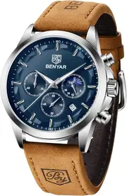 BENYAR - Wrist Watch for Men, Genuine Leather Strap Watches, Quartz Movement, Waterproof Analog Chronograph Watches