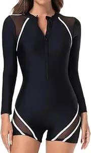 [FEOYA] Womens One Piece Long Sleeve Athletic Swimsuit Zip Front Surf Bathing Suit Boyleg Rash Guard Built in Bra Swimsuit