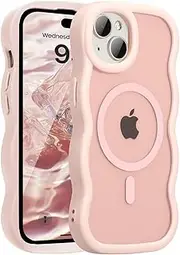 UEEBAI Magnetic for iPhone 15 Plus Case & iPhone 14 Plus Case, Cute Cover Compatible with MagSafe, Transparent Clear Wave Design Wavy Frame Matte Phone Case, Pink