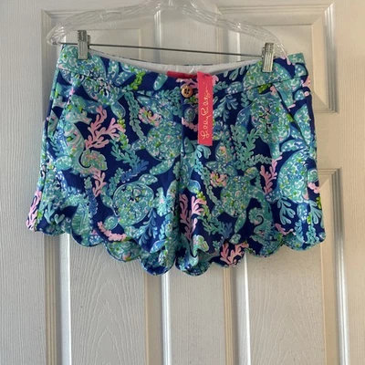 NWT Lilly Pulitzer Buttercup Knit Shorts Scalloped Corsica Blue Turtle Villa 8