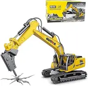 Qcar Large Drill Excavator Construction Vehicle Toys Heavy Duty Alloy Hydraulic Hammer Truck, 1:60 Scale Diecast Site Drill Digger Toy Truck for Kids 8,9,10,11,12 Year Old and up