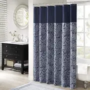 [Madison Park] Aubrey Shower Curtain Paisley Jacquard Pieced Microfiber Faux Silk Modern Home Bathroom Decorations Bathtub Privacy Screen, Decorative Bathroom, 72" x 72", Navy