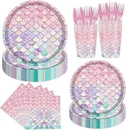144PCS Mermaid Party Tableware Set Mermaid Birthday Party Supplies Mermaid Plates and Napkins Cups Mermaid Party Decorations for Birthday Bridal Shower Baby Shower Party Decorations Serve 24 Guests
