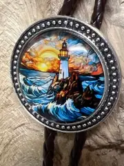 Nautical Silver Lighthouse Beach Ocean Sea Life Bolo Tie Black cord Unique Art