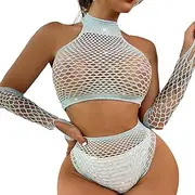 [FYMNSI] Women Sexy Sparkle Rhinestone Teddy Fishnet Off Shoulder Bodysuit Tops Long Sleeve One Piece Clubwear Lingerie Mesh