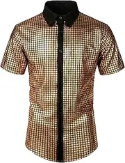 Men's Disco Sequins Short Sleeve 70S Disco Outfits Shirt Button Down Vintage Sequin Shirt