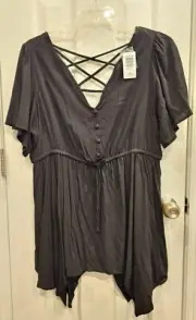 Torrid Rayon Slub Lattice Back Sharkbite Babydoll Flutter Sleeve Top 2 2X 18-20