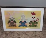 3 Easter Cross Stitch Gnomes ( bunny, sheep & rooster) Framed * one of a kind!