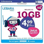 LEBARA Mobile Phone Tariff Hello! 5+5 | 10 GB Data Volume | 5G with up to 50 Mbit/s | Allnet Flat Telephony & SMS Germany Including EU Roaming | 50 Minutes Abroad