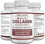 [Simply Potent] Multi Collagen Peptides Powder Pills, High Bioavailable Hydrolyzed Collagen Protein Supplement With 5 Collagen Types I, Ii, Iii, V, For Hair, Nail & Joint Support, 60 Count (Pack Of 1)