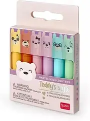Legami Teddy’s Style Set of 6 Mini Highlighters, 1 x 7.5 cm, Yellow, Peach, Pink, Lilac, Light Blue, Light Green, for Precision Highlighting and Underlining