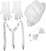 [SAFIGLE] Fancy Retro Sequin Fedora Hat Bow Ties Gloves Men's Party Accessory Set for Western Dance Jazz