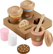 Fisher-Price Pretend Playset, Wooden Coffee to Go Set, 15 Wood Pieces Cafe Cu...