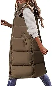 Women's 2023 Autumn Reversible Vests Sleeveless Fleece Jacket Long Warm Winter Coat Outerwear Zip Hoodie Pockets, A11-Khaki, Small, A11 Khaki, Small