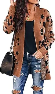 [Qearal] Womens Loose Long Sleeve Open Front Cardigan Knit Leopard Print Cozy Sweater Coat Outwear with Pockets