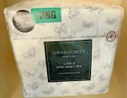 Cynthia Rowley Summer Butterfly KING Size 6 Pc Sheet Set Lavender Purple White