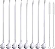 Reusable Straws Spoons 18/8 Stainless Steel 8 Pieces Straw Spoons Silver with 2 Brushes Cocktail Latte Macchiato Spoon 21.5 cm