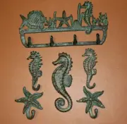 (6) Blue Seas Sealife Design Cast Iron Bath Towel Hooks Set Bronze Look Finish