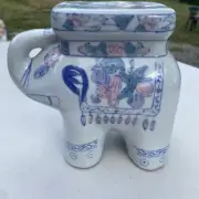 Blue & White Ceramic Elephant Plant Stand Vintage 80s Hand Painted Pink Design