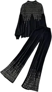 [Generic] Women's Mock Neck Pullover Sweater And Elastic Waist Wide Leg Pants Suits Vintage Casual 2 Piece Tracksuits