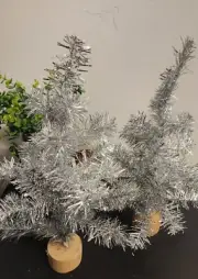 Pair of NEW Target 17" Tabletop Silver Christmas Tinsel Trees Wood Base