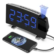SSRGV Projection Alarm Clock With 180 Rotatable Projector Led Display Clock, Usb Charger, 12/24h, Bedroom Digital Alarm Clock - Blue Numbers