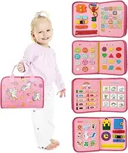 PELOSTA Busy Board Montessori Toys for 2 3 4 5 6 Year Old Girl Birthday Gift,7 in 1 Preschool Learning Sensory Board W/Life Skill,Number,Alphabet,Shape,Color,Weather,Animal,Toddler Travel Toy for Car