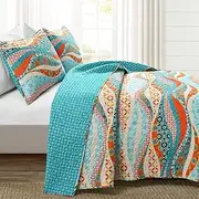 [Lush Decor] Hailey Watercolor Wave Reversible Cotton 3 Piece Quilt Set, King, Turquoise