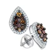 10kt White Gold Womens Round Brown Diamond Teardrop Cluster Earrings 1.00 C