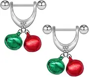 [Kokoma] 14G Dangle Jingle Bell Nipple Rings for Women CZ Red Pink Jingle Bells Christmas Nipplerings Long Tassel Chain Dangling Drop Hoop Earrings Barbell Bar Piercing Body Jewelry